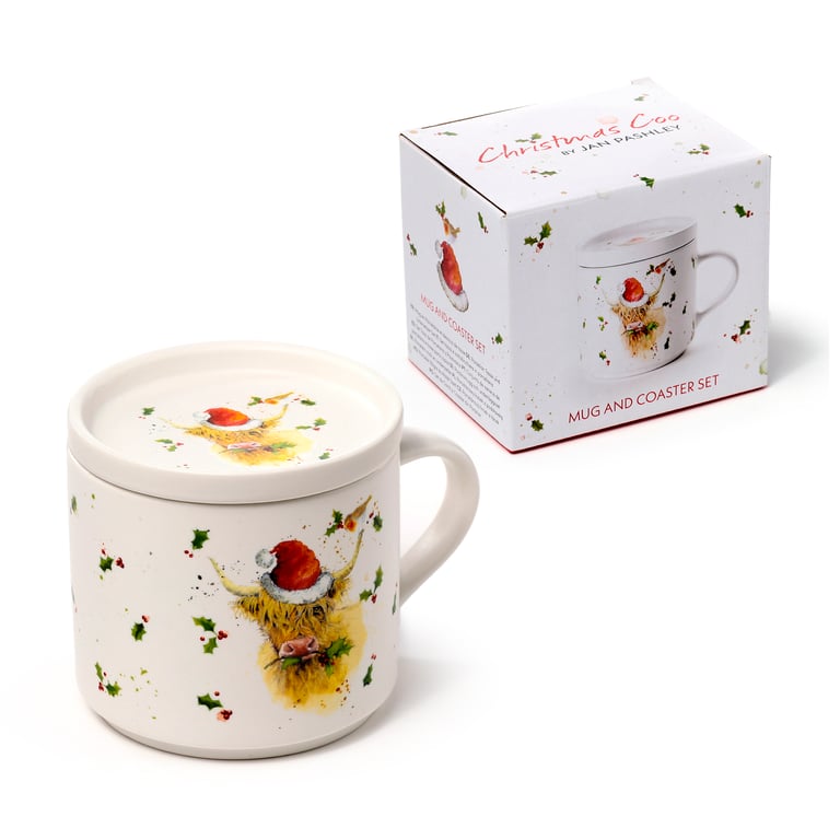 Porcelain Mug & Coaster Lid Set - Christmas Jan Pashley Highland Coo, Microwave Safe & Dishwasher Friendly Porcelain Mug.