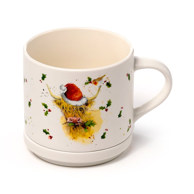 Porcelain Mug & Coaster Lid Set - Christmas Jan Pashley Highland Coo, Microwave Safe & Dishwasher Friendly Porcelain Mug.