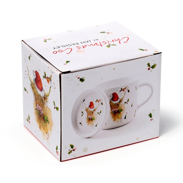 Porcelain Mug & Coaster Lid Set - Christmas Jan Pashley Highland Coo, Microwave Safe & Dishwasher Friendly Porcelain Mug.