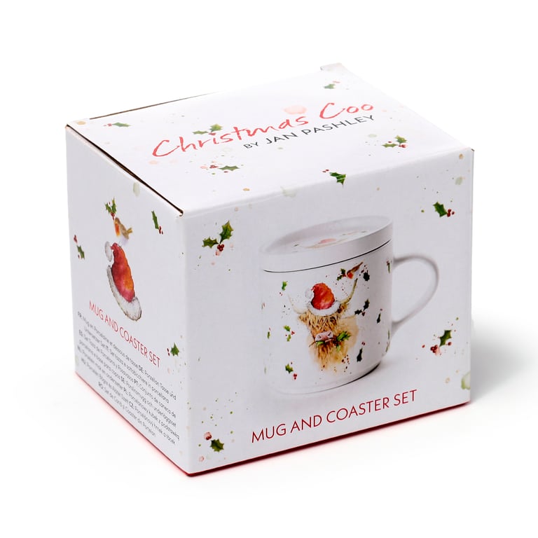 Porcelain Mug & Coaster Lid Set - Christmas Jan Pashley Highland Coo, Microwave Safe & Dishwasher Friendly Porcelain Mug.
