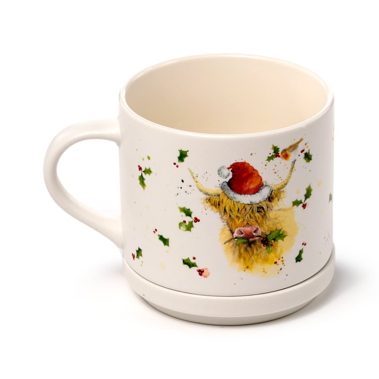 Porcelain Mug & Coaster Lid Set - Christmas Jan Pashley Highland Coo, Microwave Safe & Dishwasher Friendly Porcelain Mug.