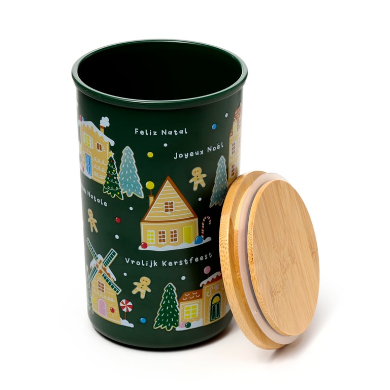 Recycled RPET Large Storage Jar - Christmas Houses, Food Safe & Reusable Plastic Container, 1000ml BPA Free