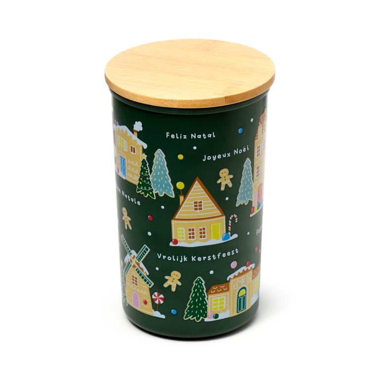 Recycled RPET Large Storage Jar - Christmas Houses, Food Safe & Reusable Plastic Container, 1000ml BPA Free