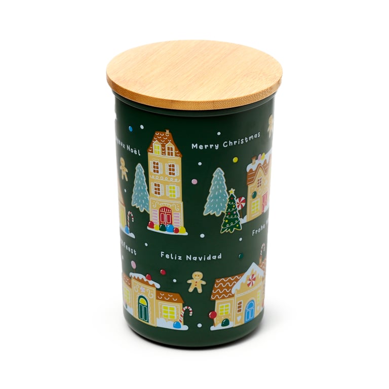 Recycled RPET Large Storage Jar - Christmas Houses, Food Safe & Reusable Plastic Container, 1000ml BPA Free