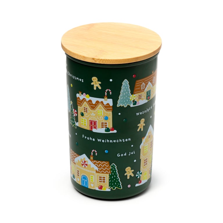 Recycled RPET Large Storage Jar - Christmas Houses, Food Safe & Reusable Plastic Container, 1000ml BPA Free