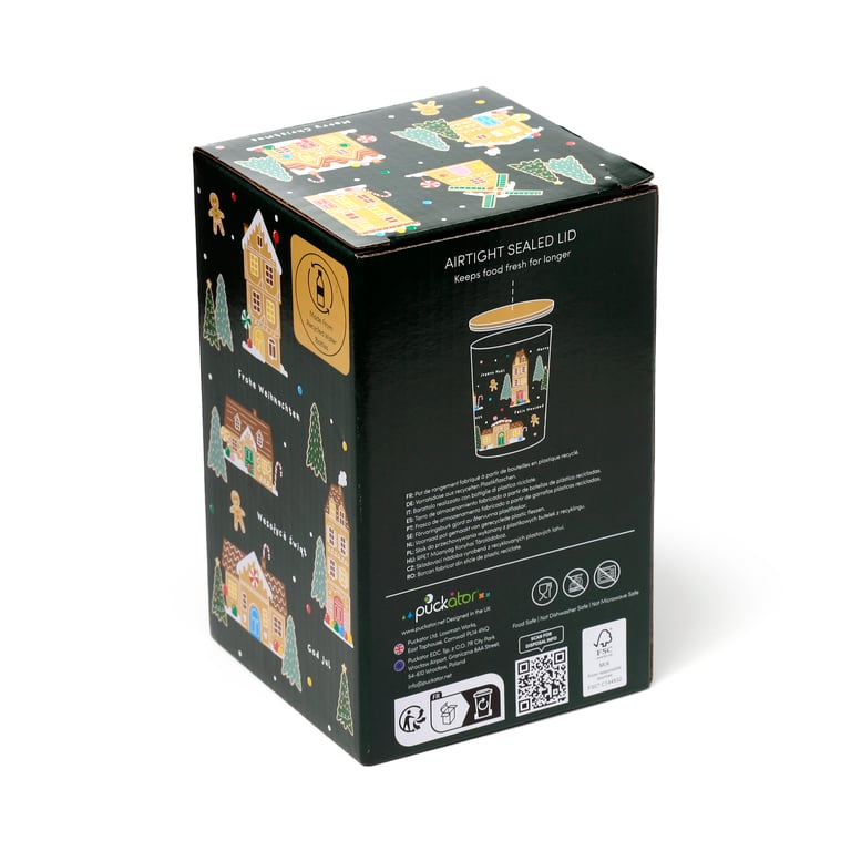 Recycled RPET Large Storage Jar - Christmas Houses, Food Safe & Reusable Plastic Container, 1000ml BPA Free