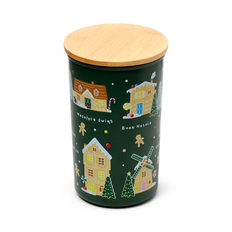 Recycled RPET Large Storage Jar - Christmas Houses, Food Safe & Reusable Plastic Container, 1000ml BPA Free