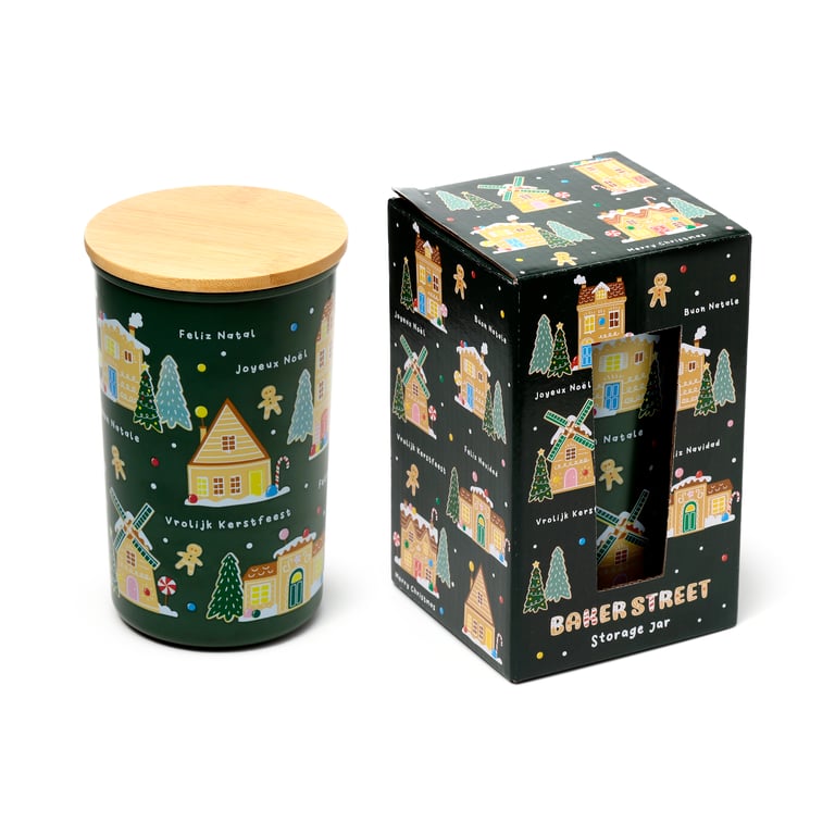 Recycled RPET Large Storage Jar - Christmas Houses, Food Safe & Reusable Plastic Container, 1000ml BPA Free
