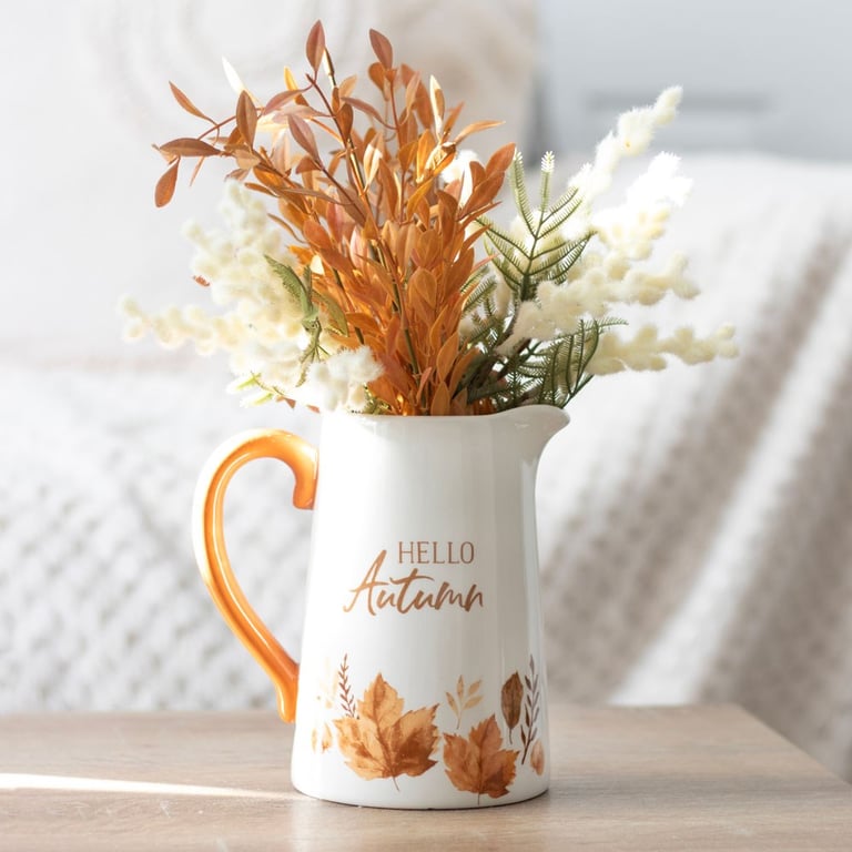 17cm White Ceramic Autumn Flower Jug with Leaf Design - Hand Wash Only Home Decor