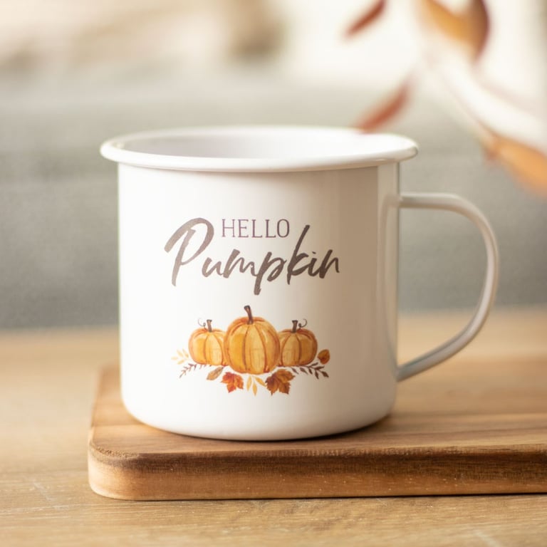 Hello Pumpkin 500ml Enamel Mug - Autumnal Design, Hand Wash Only