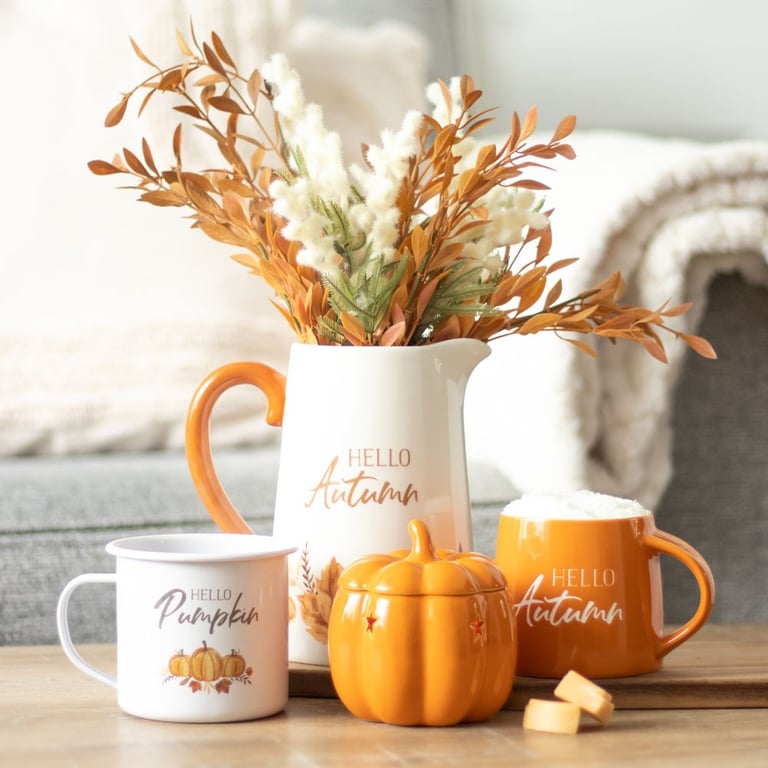 Hello Pumpkin 500ml Enamel Mug - Autumnal Design, Hand Wash Only