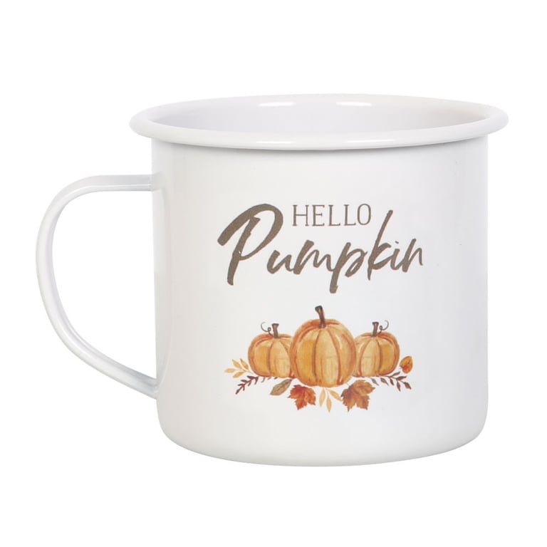 Hello Pumpkin 500ml Enamel Mug - Autumnal Design, Hand Wash Only