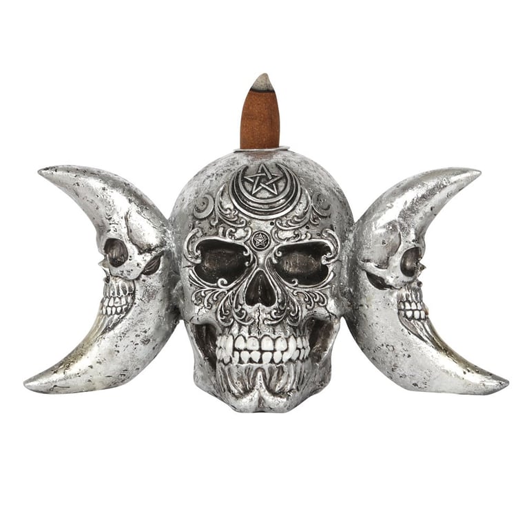 The Dark Goddess Backflow Incense Burner by Alchemy Gothic - Ornate Triple Moon Skull Design