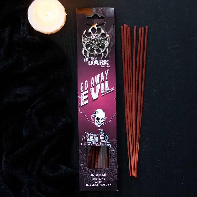 Go Away Evil Incense Sticks Set - 30 Rose-Scented Sticks & Metal Holder for Dark Home Fragrance