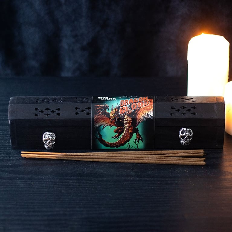 Dragon Blood Incense Box Set - 10 Rich Earthy Fragrance Sticks with Silver Skull Accents