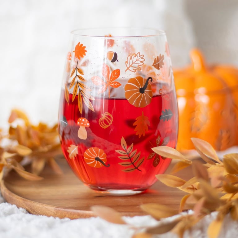 Autumn Leaves and Pumpkins Stemless Glass - Perfect Autumn Decor 550ml Cocktail Glass