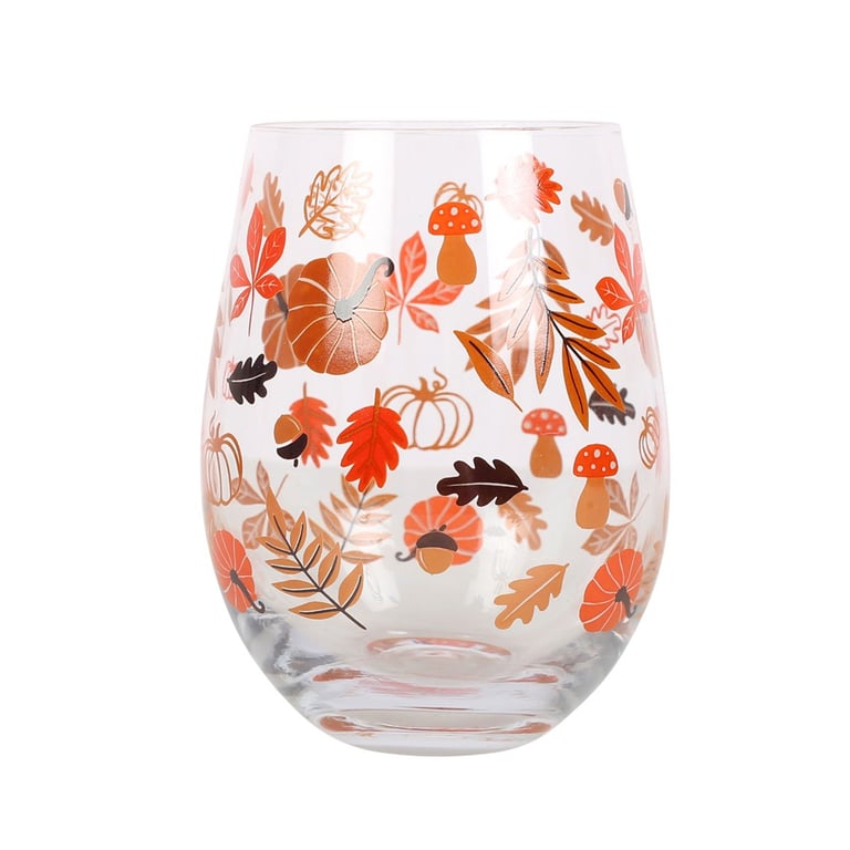 Autumn Leaves and Pumpkins Stemless Glass - Perfect Autumn Decor 550ml Cocktail Glass