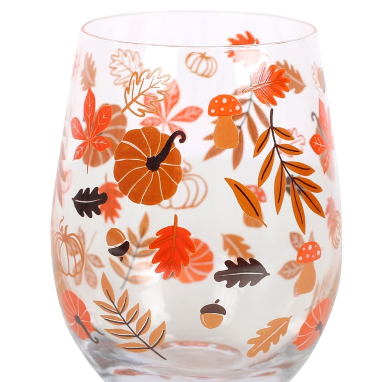 Autumn Leaves and Pumpkins Stemless Glass - Perfect Autumn Decor 550ml Cocktail Glass