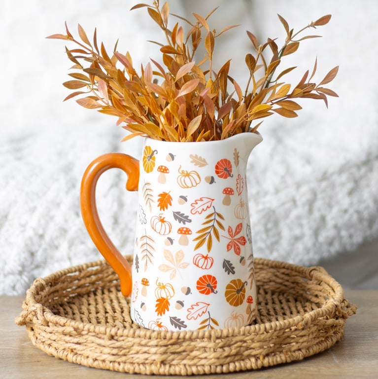 Autumn Leaves Ceramic Flower Jug - White Porcelain with Orange Handle