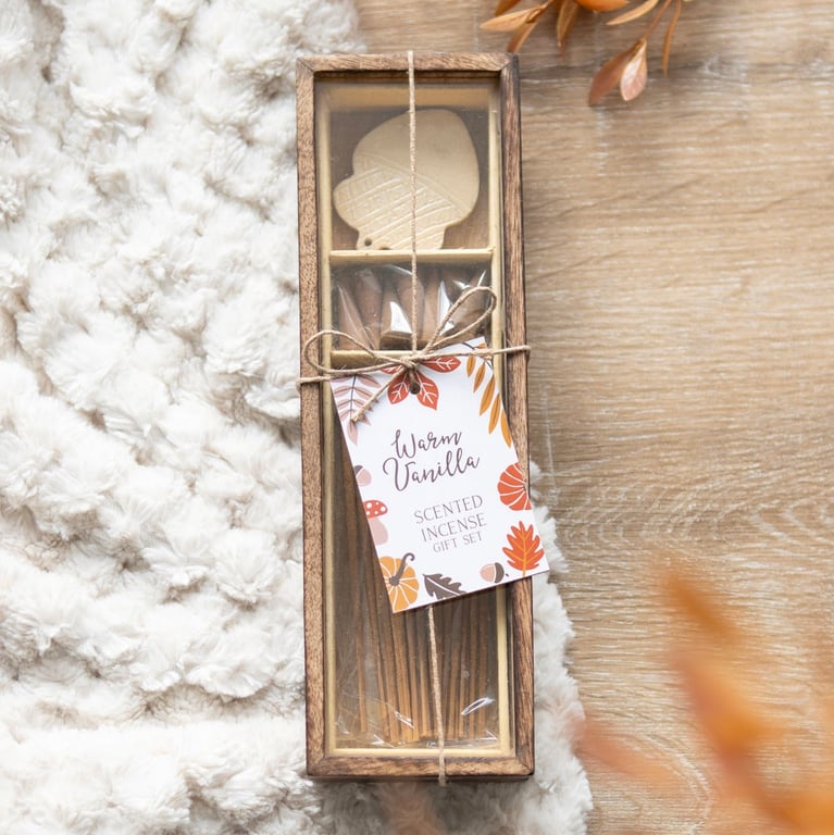 Warm Vanilla Autumn Incense Gift Set - Home Fragrance Set with Acorn Holder