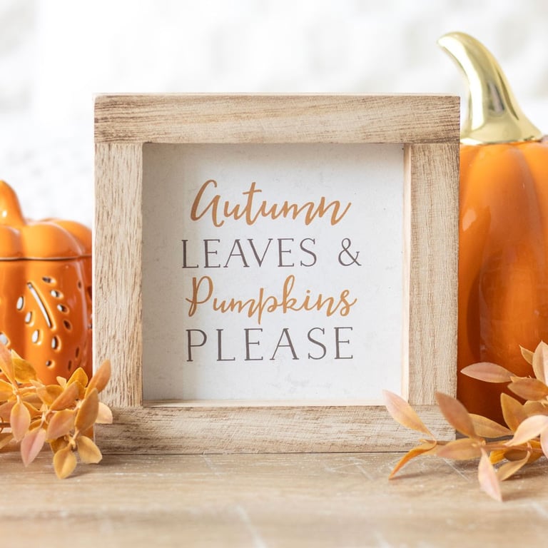 Autumn Leaves & Pumpkins Please Wooden Frame Sign - Charming Home Decor for Autumn Season