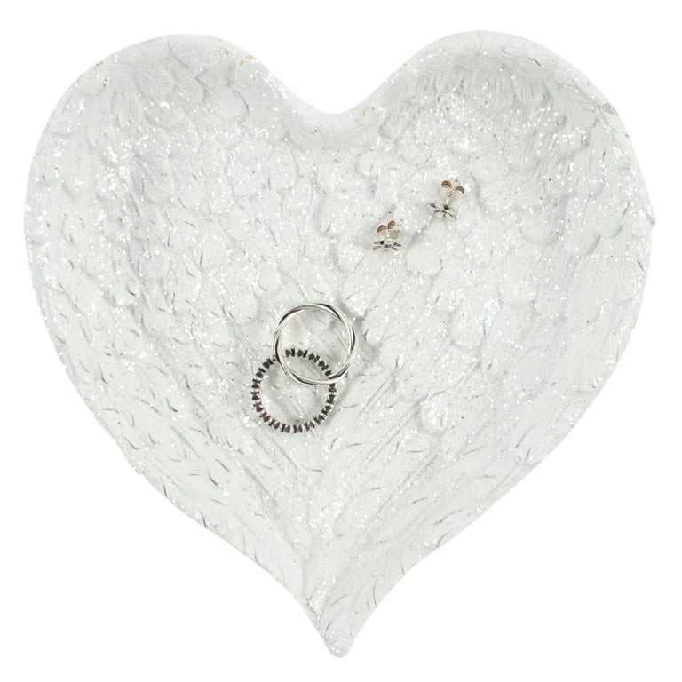 Glitter Heart Shaped Angel Wing Trinket Dish with Clear Sparkly Finish