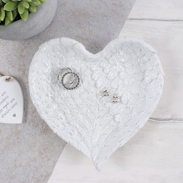 Glitter Heart Shaped Angel Wing Trinket Dish with Clear Sparkly Finish