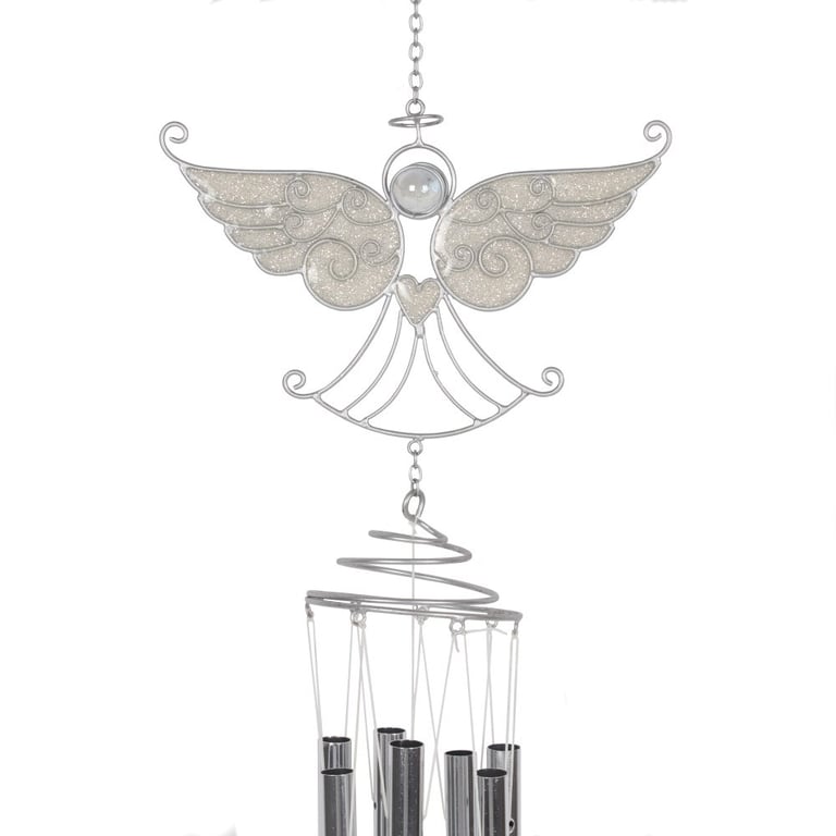 Silver Angel Windchime with White Glitter Wings Home Decor Garden Decoration