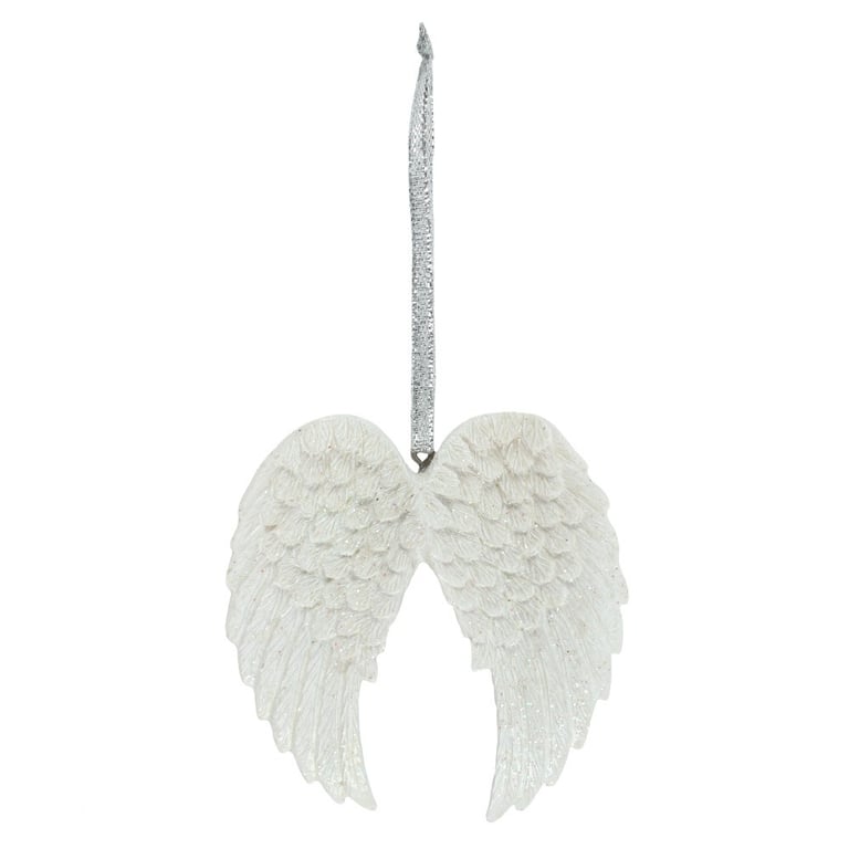 Double Glitter Angel Wing Hanging Decoration with Iridescent Sparkle and Silver Ribbon