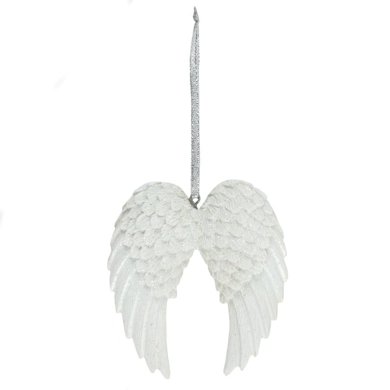 Double Glitter Angel Wing Hanging Decoration with Iridescent Sparkle and Silver Ribbon