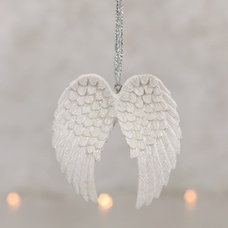 Double Glitter Angel Wing Hanging Decoration with Iridescent Sparkle and Silver Ribbon