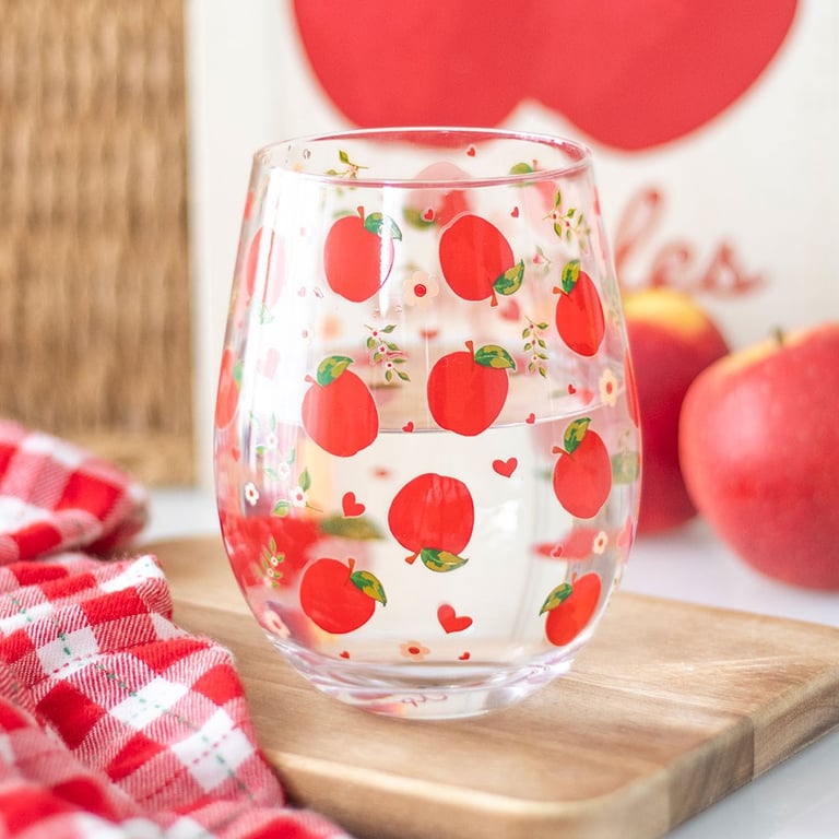 Apple Print Stemless Glass - 350ml Hand Wash Glass Perfect for Juice and Cider