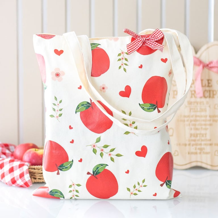 Apple Print Polycotton Tote Bag - Eco-Friendly Shopping Bag with Cheerful Apple Design and Gingham Bow