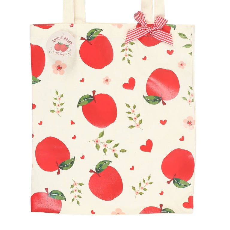 Apple Print Polycotton Tote Bag - Eco-Friendly Shopping Bag with Cheerful Apple Design and Gingham Bow