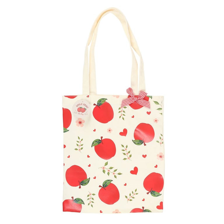 Apple Print Polycotton Tote Bag - Eco-Friendly Shopping Bag with Cheerful Apple Design and Gingham Bow