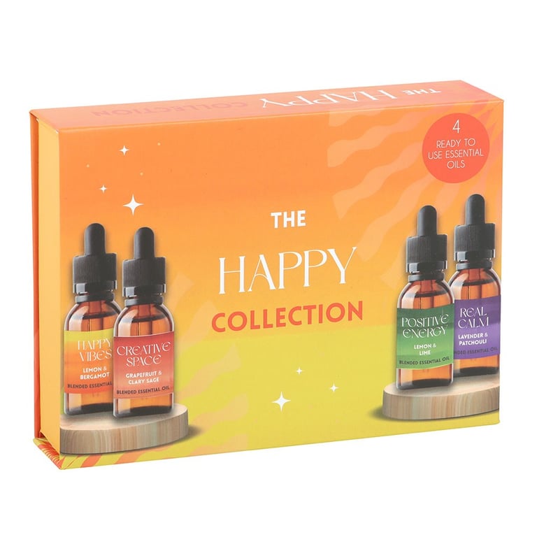 The Happy Collection Blended Essential Oil Set - 4x10ml Bottles of Uplifting & Calming Oils