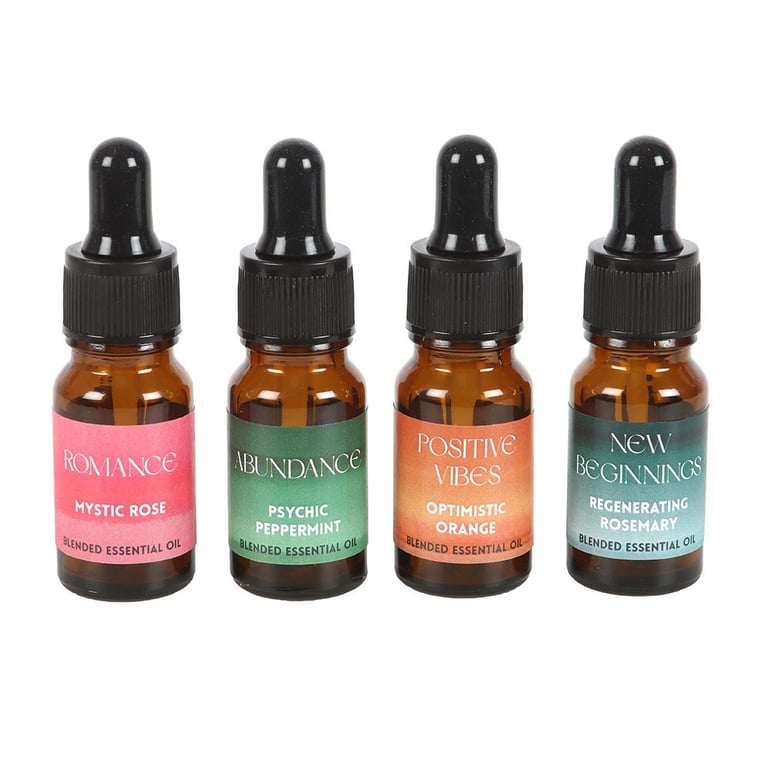 Manifestation Collection Blended Essential Oil Set - 4x10ml Bottles of Mystic Rose, Psychic Peppermint, Optimistic Orange & Regenerating Rosemary Oils