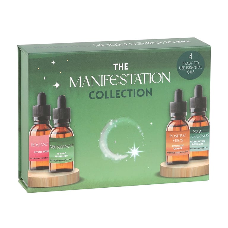 Manifestation Collection Blended Essential Oil Set - 4x10ml Bottles of Mystic Rose, Psychic Peppermint, Optimistic Orange & Regenerating Rosemary Oils