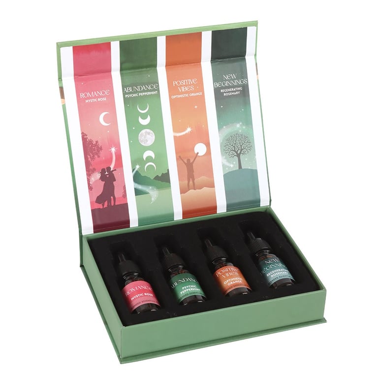 Manifestation Collection Blended Essential Oil Set - 4x10ml Bottles of Mystic Rose, Psychic Peppermint, Optimistic Orange & Regenerating Rosemary Oils