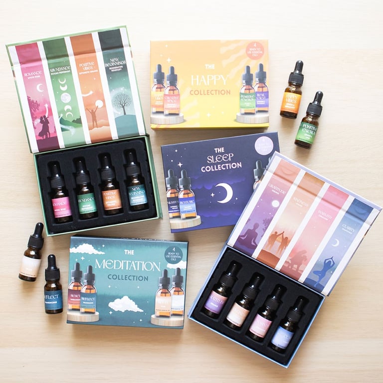 Manifestation Collection Blended Essential Oil Set - 4x10ml Bottles of Mystic Rose, Psychic Peppermint, Optimistic Orange & Regenerating Rosemary Oils