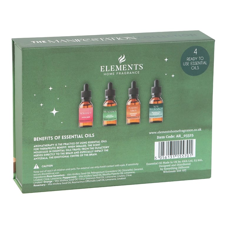 Manifestation Collection Blended Essential Oil Set - 4x10ml Bottles of Mystic Rose, Psychic Peppermint, Optimistic Orange & Regenerating Rosemary Oils