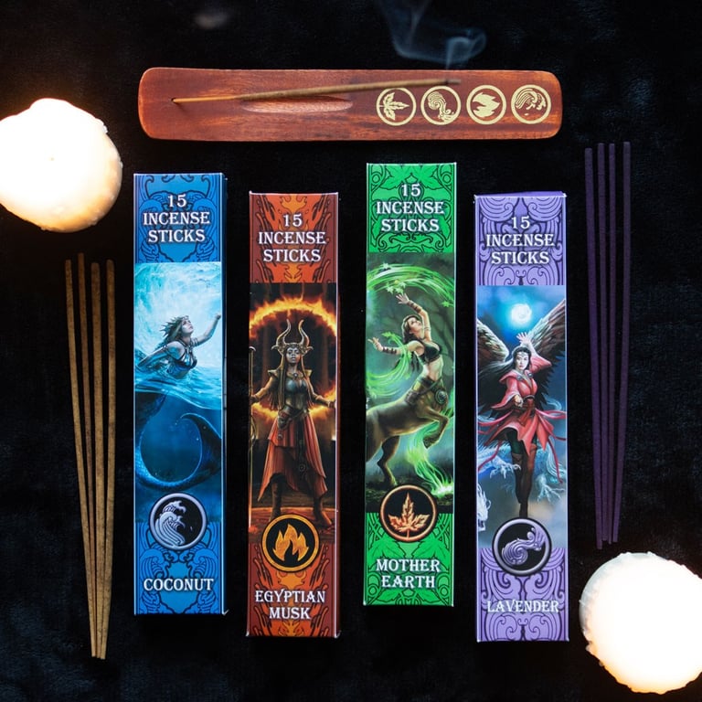 Elemental Incense Stick Collection by Anne Stokes - 4 Elements, 60 Sticks & Ash Catcher
