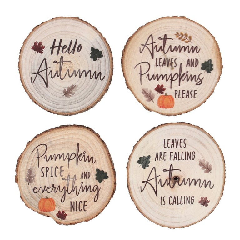 Hello Autumn Wood Slice Coasters - Set of 4 Seasonal Home Decorations