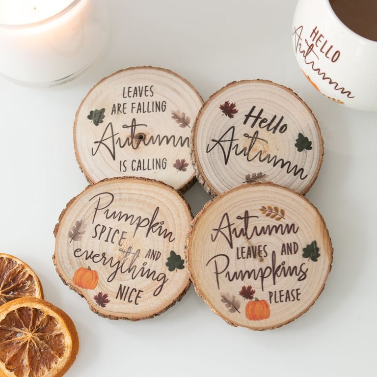 Hello Autumn Wood Slice Coasters - Set of 4 Seasonal Home Decorations