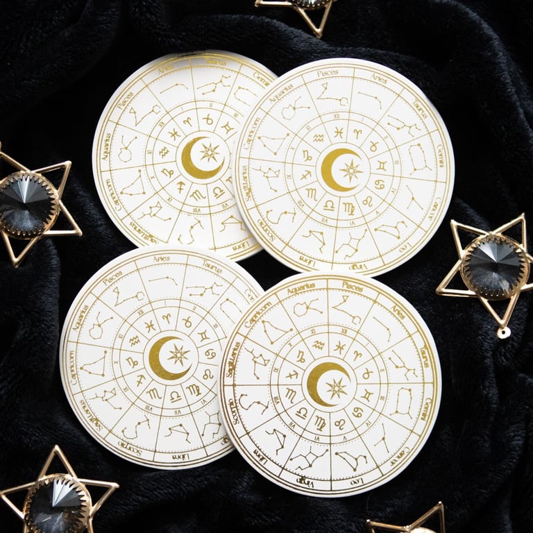 Astrology Wheel Coaster Set - Golden Foil Finish, MDF Star Sign Home Decor