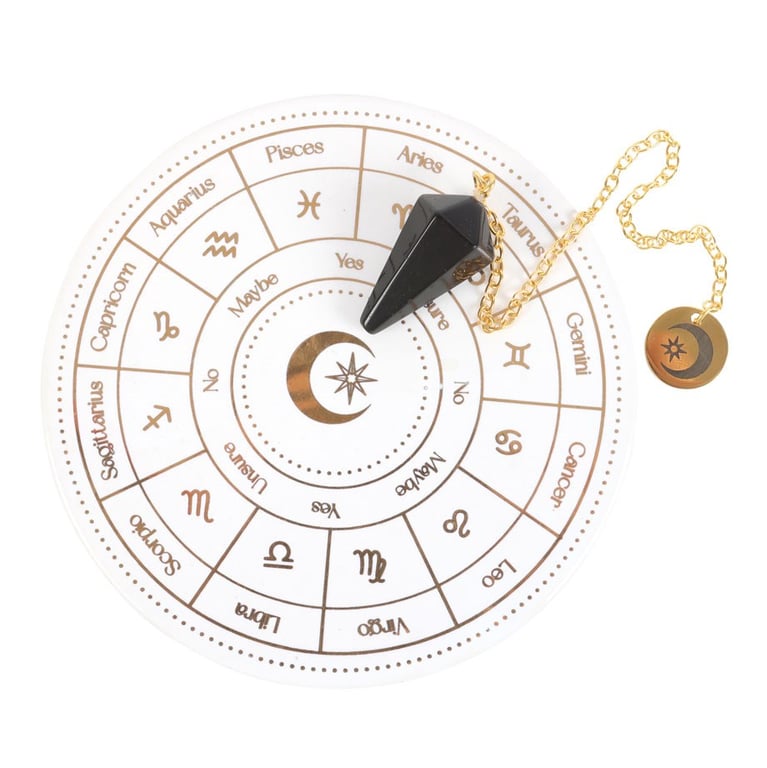 Astrology Wheel Divination Kit with Crystal Pendant and Ceramic Dish