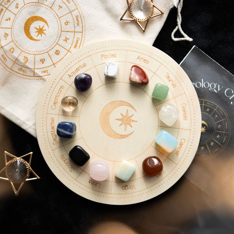 Astrology Wheel Crystal Grid Set - 12 Zodiac Crystals, Home Grid Kit with Instruction Booklet