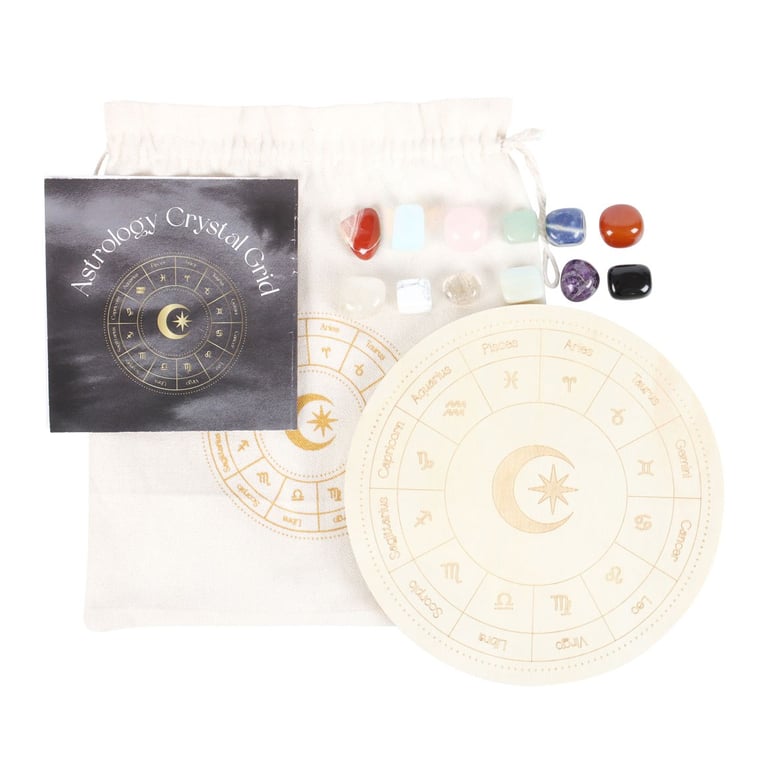 Astrology Wheel Crystal Grid Set - 12 Zodiac Crystals, Home Grid Kit with Instruction Booklet