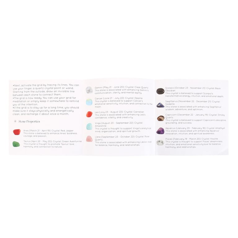 Astrology Wheel Crystal Grid Set - 12 Zodiac Crystals, Home Grid Kit with Instruction Booklet