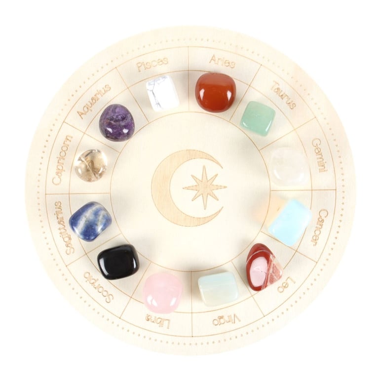 Astrology Wheel Crystal Grid Set - 12 Zodiac Crystals, Home Grid Kit with Instruction Booklet